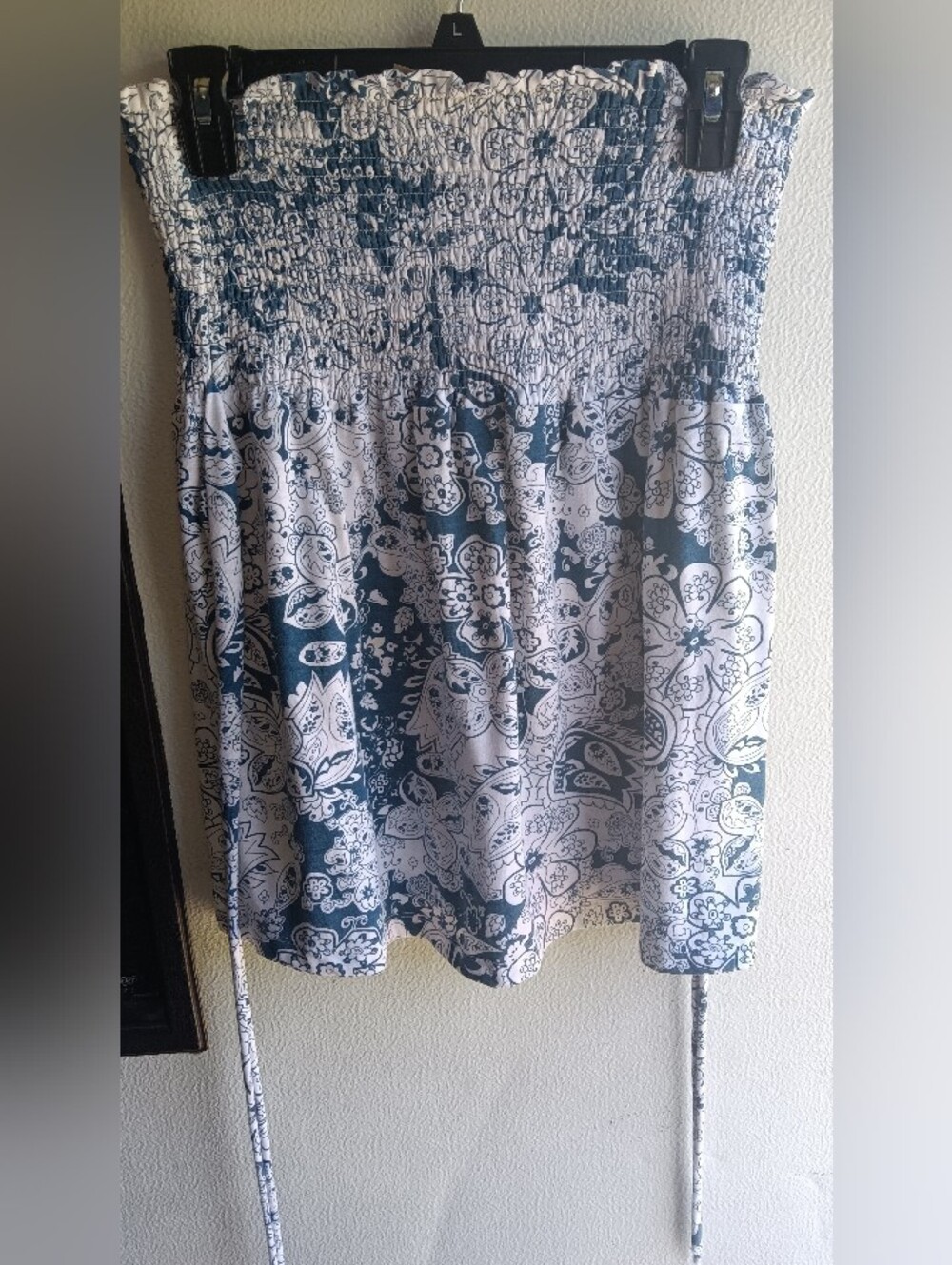 Angel Kiss Blue White Paisley Floral Smocked Strapless Tube Top Boho Large